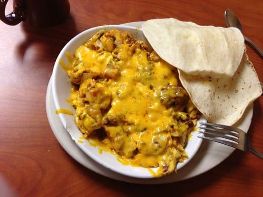 Chorizo breakfast skillet. Ask for their homemade Verdi salsa.