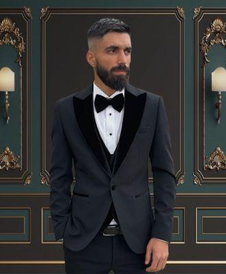 BLACK SLIM-FIT MENS TUXEDO 3 PIECE VELVET PEAK LAPEL