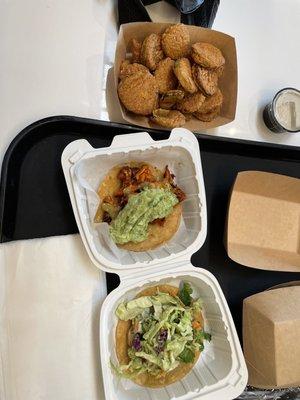 Cauliflower Al Pastor & Garlic Avocado Shrimp Tacos and Fried Pickles.