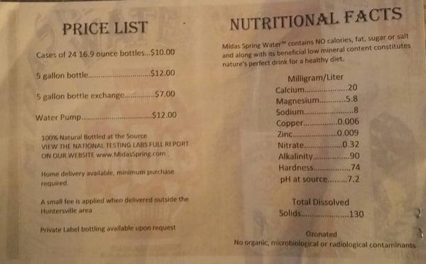 Price List and Nutritional Facts