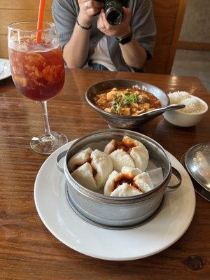 bbq pork bao, Mapo Tofu, peach strawberry sangria