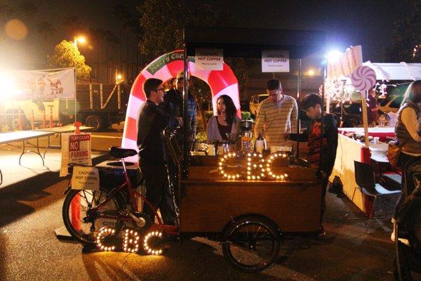 Using our coffee bike to pass out free coffee to the people of Orange County!