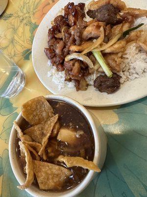 Pepper chicken, Mongolian Beef over white rice. Hot and sour soup with added wontons! Yum.