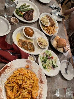 Chicken and Shrimp a la Vodka, Stuffed Flounder, River Catfish, and New York Steak.