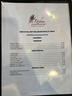 Chef special menu