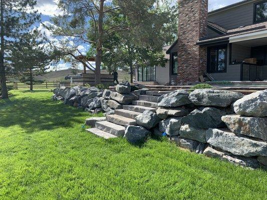 Boulder Retaining Walls, Natural Steps, Outdoor Kitchen, Pergola, Paver Patio