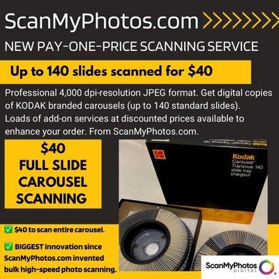 How to have an entire Kodak 35 mm slide carousel digitized for $40. 4000 dpi high-resolution scanning. Up to 140 slides digitized for $40.