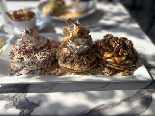 Pancake flight Birthday cake pancake, cinnamon toast pancake, caramel banana walnut pancake