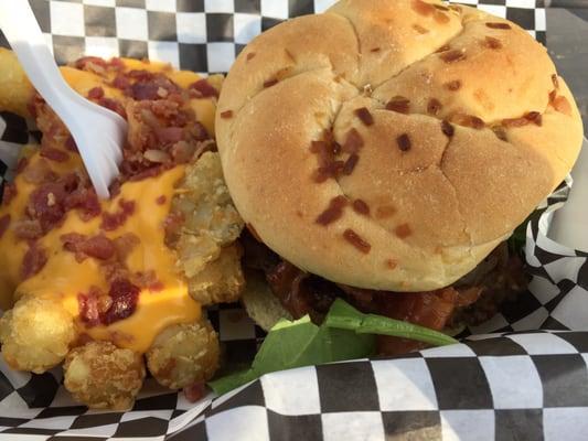 Angie's burger and loaded tater tots.