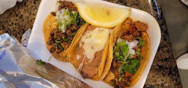 Carne Asada, Bean & Cheese, and Picadillo Tacos