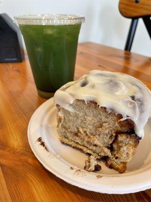 About $8: Summer Special: Mint Lime Matcha Tea & 20% bigger Cinnamon Roll