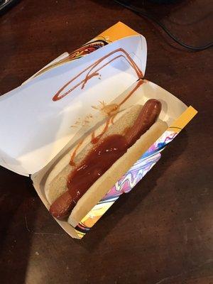 Asked if I wanted ketchup....insane. Hotdog tasted like rubber too. Tossed it. Never again.