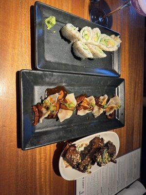 California Roll, Wagyu Dumplings/Potstickers, Sticky Ribs - happy hour specials!