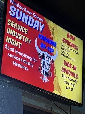 Service Industry Night Specials every SUNDAY