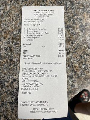 Receipt for order on 9/12/23