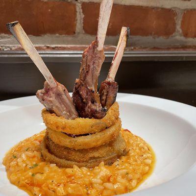 Grilled Lamb chops over tomato Risotto and homemade onion rings