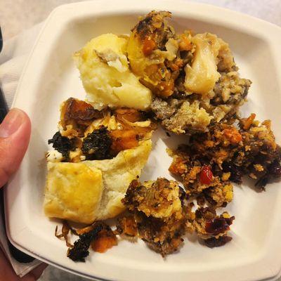 2023 Thanksgiving Taste day: goat cheese and squash galette,  and 4 varieties of stuffing