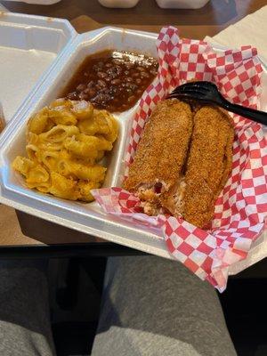 Catfish with Mac and Cheese and Baked Beans