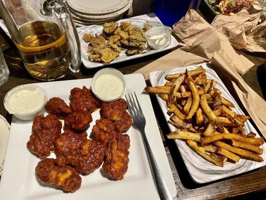 Nashville Hot boneless wings, Fries, and fried banana peppers/pickles