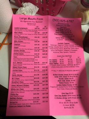 Pizza menu