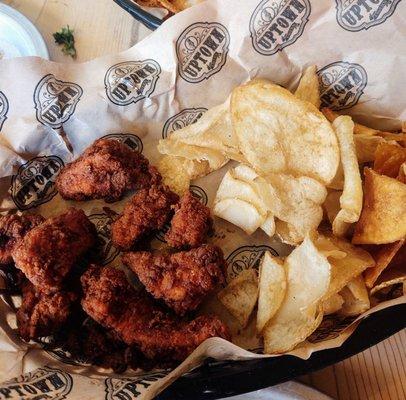 Pork fritters and homemade chips