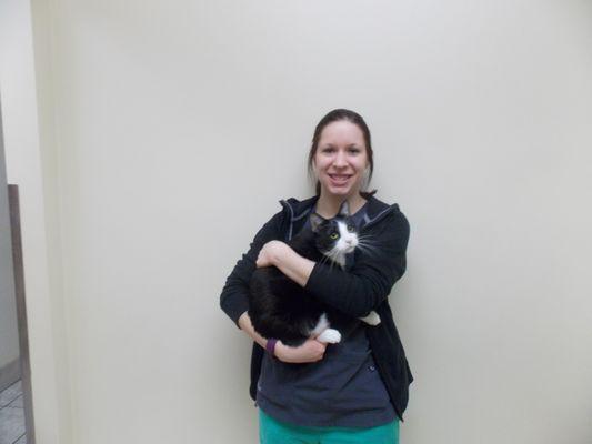 Hannah our surgical nurse with kitty Wilson at White Oaks West Animal Hospital.