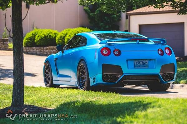 Satin Ocean Blue full wrap on a 2015 Nissan GTR