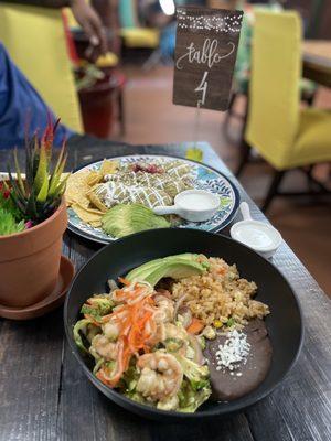 Chicken enchiladas and shrimp bowl