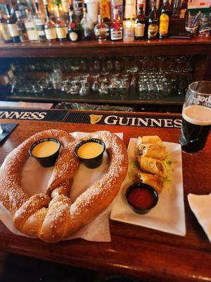 Soft pretzel and philly cheesesteak egg rolls