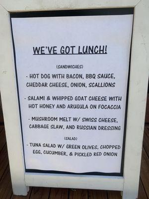 Lunch menu (bake shop). I got the tuna as a sandwich on focaccia, very delish!