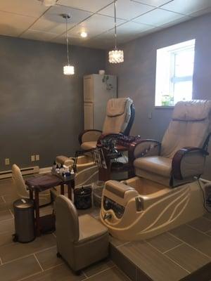 Our spa pedicure thrones with massaging backrests are the perfect spot to treat those tootsies.