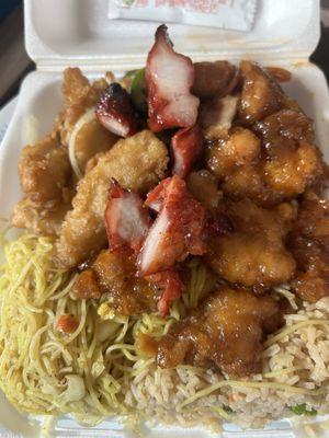 Combo C (3 items) Salt & Pepper Fish, Orange chicken and bbq pork (the rest of the pork is in a side container).