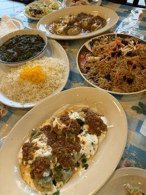 Sabzi, mantu, kabuli pulao, and aushak