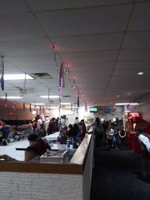 Cute Christmas lights. This area is where you can watch the skaters, eat your snacks, or attend a Bday party.