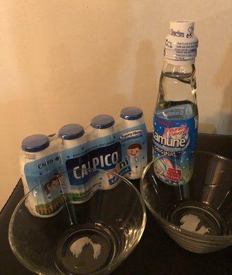 Calpico, Ramune, glass bowls