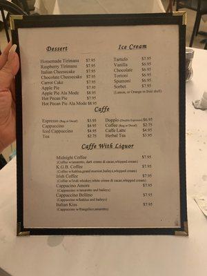 Dessert menu