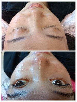 Before and after straight lashes pointing downwards. Wispy light Volume lash extensions.  Lash strip look