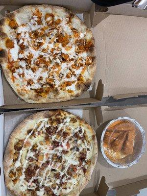 Seitan Buffalo Pizza, vegan Buffalo Drumsticks, Chicken Bacon Ranch Pizza