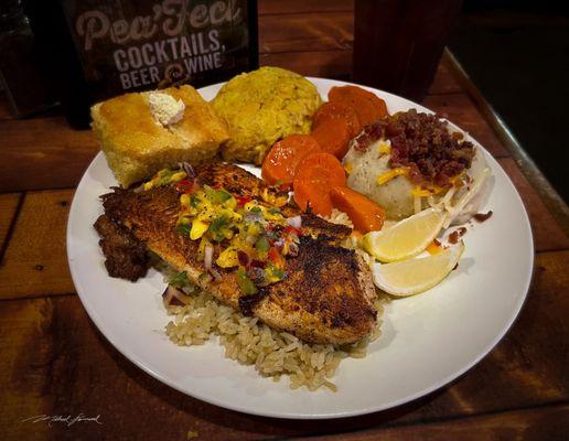 Pan Seared Tilapia with Mango Salsa, Cornbread, Baked Squash Casserole, Glazed Carrots, Loaded Mashed Potatoes.