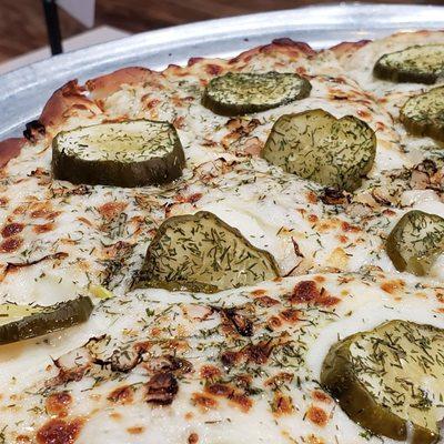 Pickle Pizza on cauliflower crust, YUM!