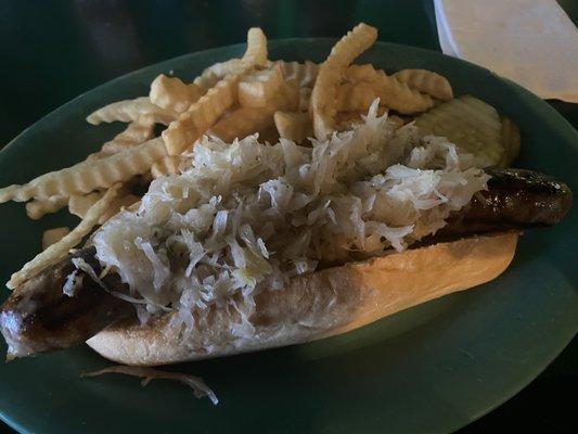 Johnsonville Brat with sauerkraut and Krinkle fries