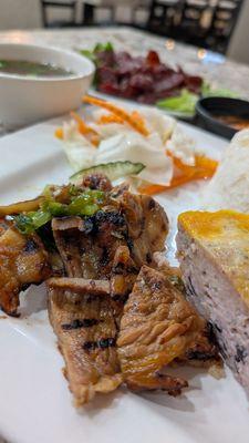 Grilled pork chop with egg cake.