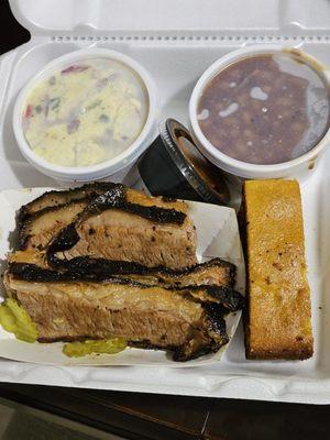 Brisket, baked beans, potatoe salad, and cornbread. AWESOME!