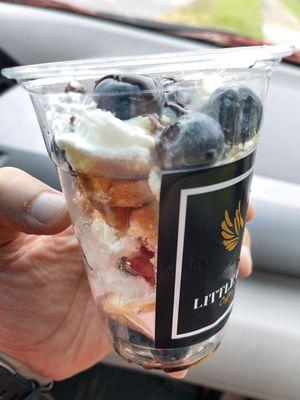 Waffle in a cup!! Blueberries, banana, whipped cream, waffle cut up and a little syrup!!