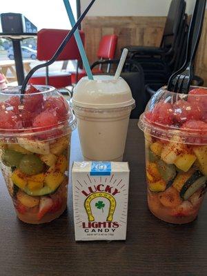 Dinner of champions!  Fruit cups are delicious and fresh, with options to add some flair.