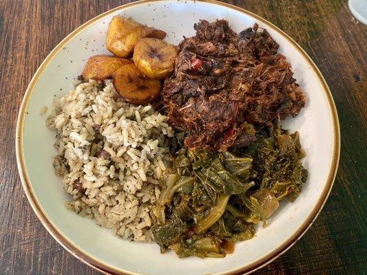 Jerk BBQ Jackfruit Plate with Rice & Peas, Collards and Plantain