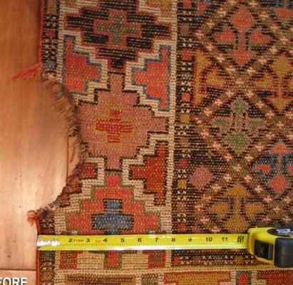 A large part of this antique Persian Kurd rug was missing before our restoration by re-knotting.