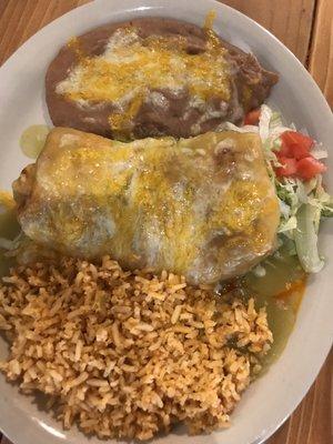 Beef chimichanga with rice and beans