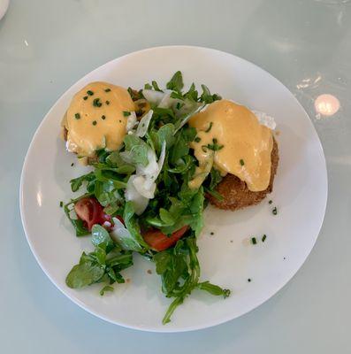 salt cod + chorizo brandade cake benedict