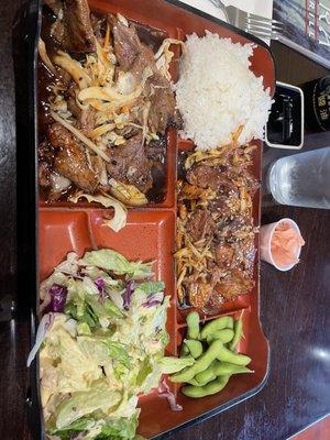 Bento box - spicy Korean pork + beef teriyaki